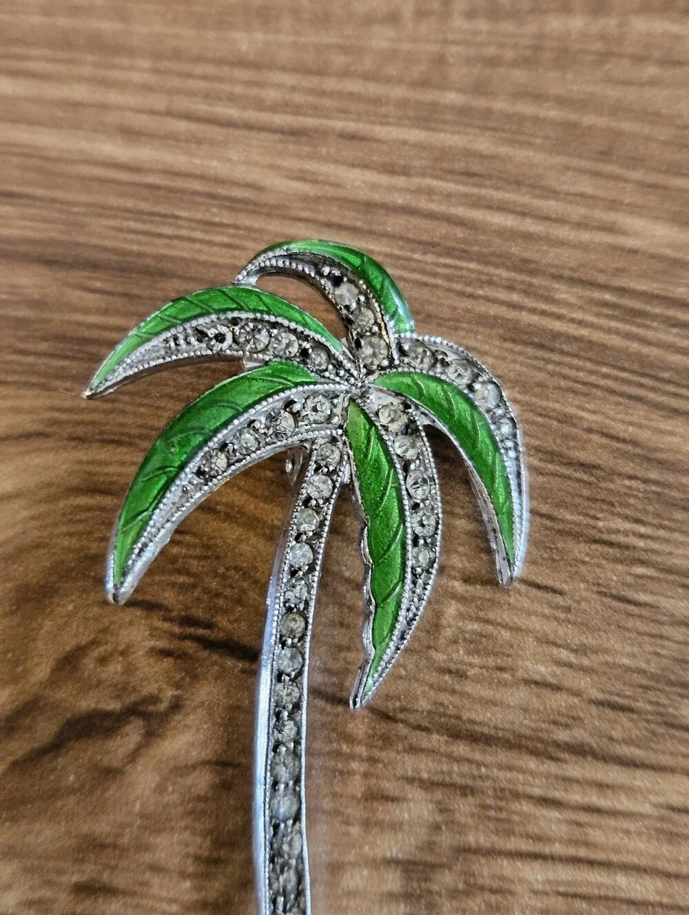 Vintage Sterling Silver Uncas Green Enamel Marcasite Palm Brooch